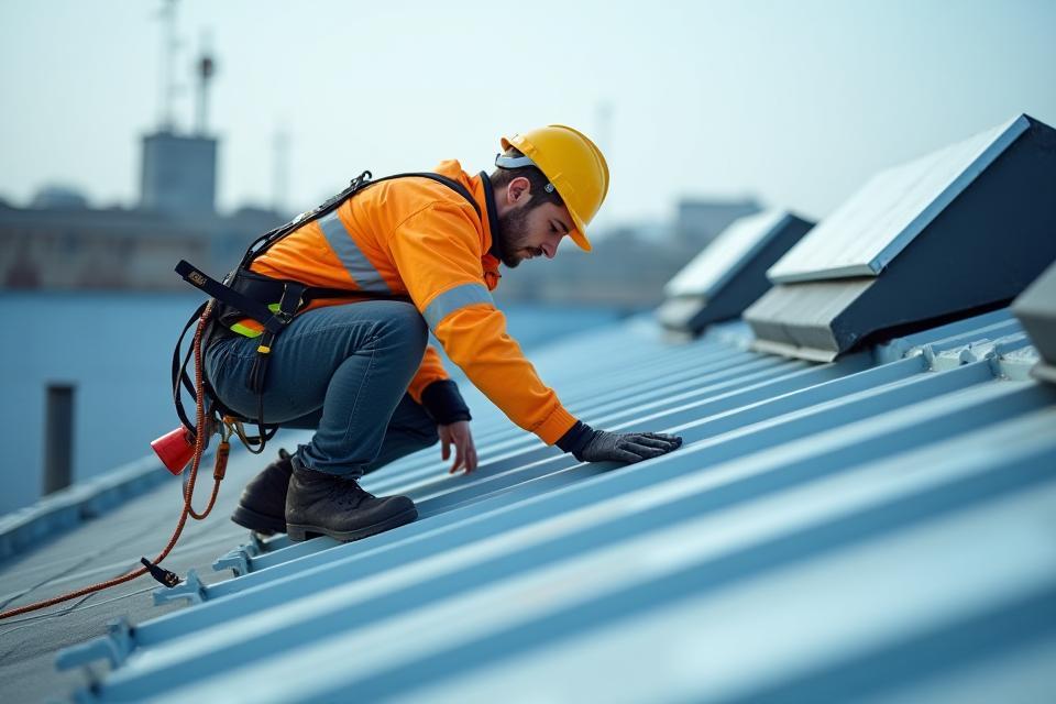 Davco Roofing technician performing a detailed inspection on a commercial roof, wearing safety gear, emphasizing professionalism and attention to detail.