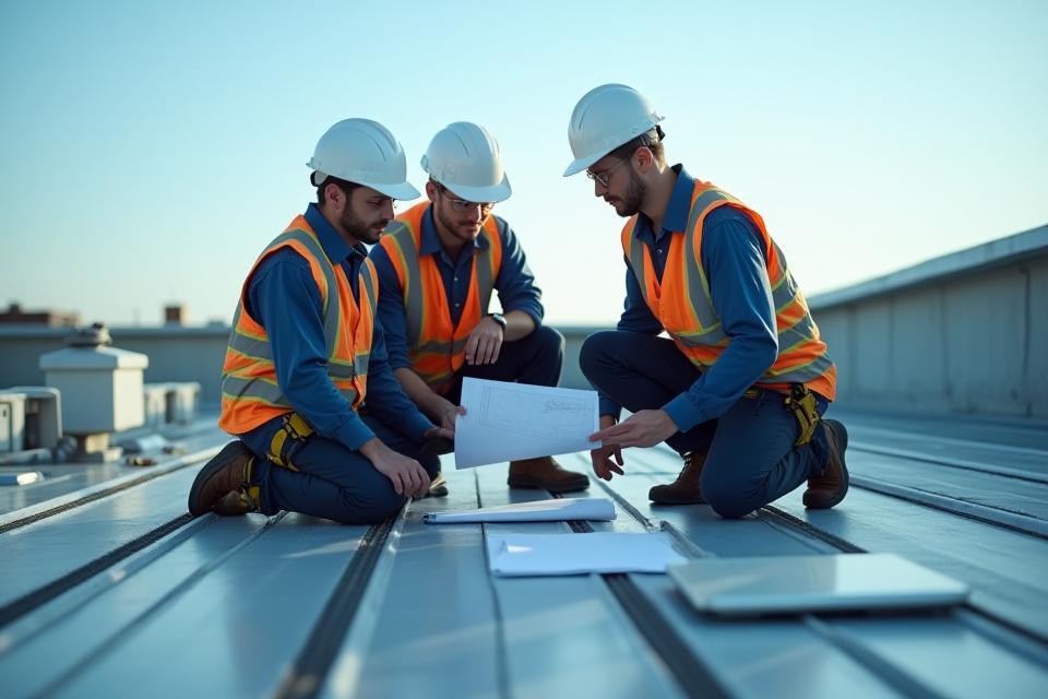 Davco Roofing team members discussing project plans on a commercial rooftop, emphasizing professionalism and teamwork.